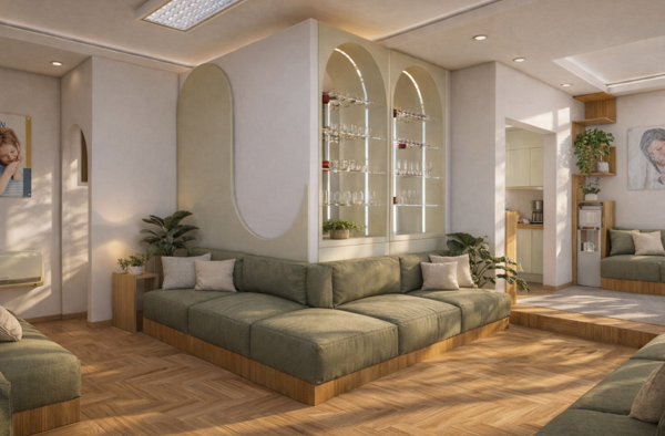 modern design space with neutral tones and marble surfaces design